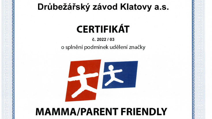 Máme certifikát Společnost přátelská k rodině